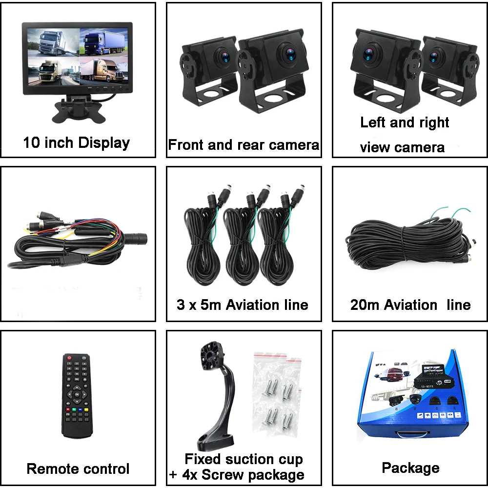 10 inch IPS Display Screen 1080P Car Rear View Camera HD Night Vision 360 Degree Panorama Monitoring System IP68 Waterproof