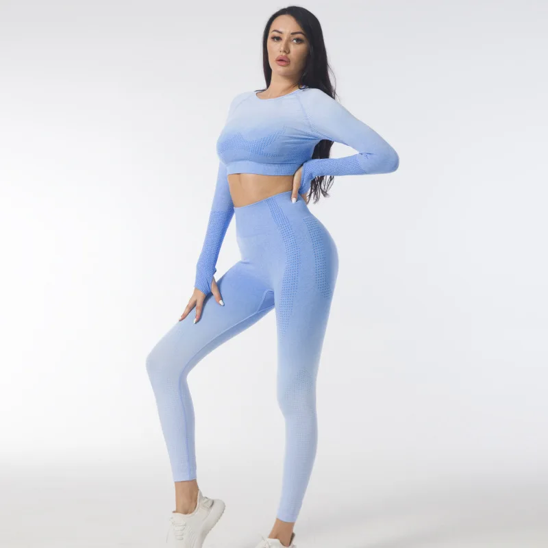 

Womens Yoga Set Jacquard Gradient Color Sportswear Gym Clothing Fitness Long Sleeve Crop Top High Waist Leggings Sports Suits