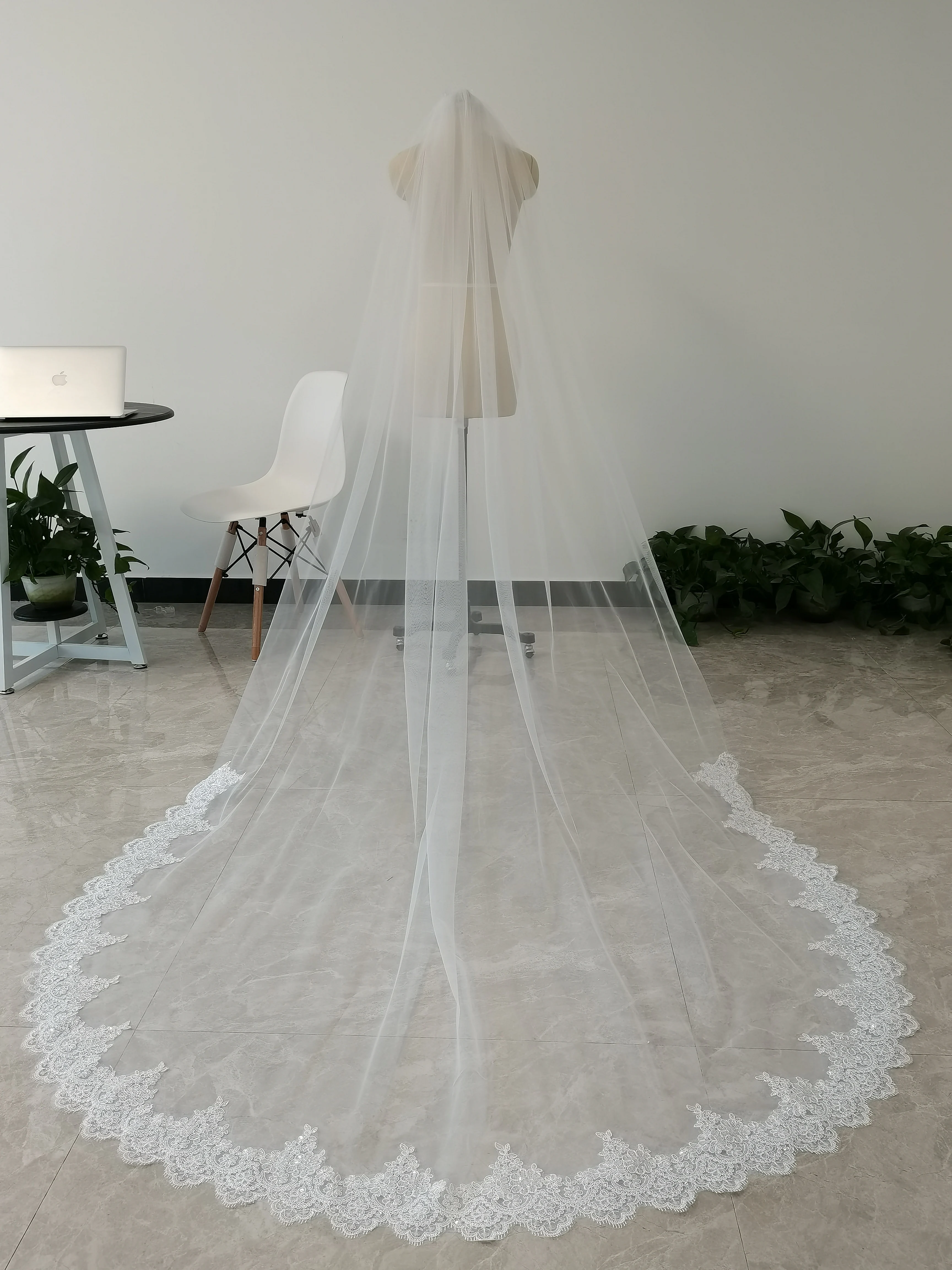 Sequins Lace Edge Bridal Veil White/Ivory Single Layer Cathedral Wedding Veil with Comb