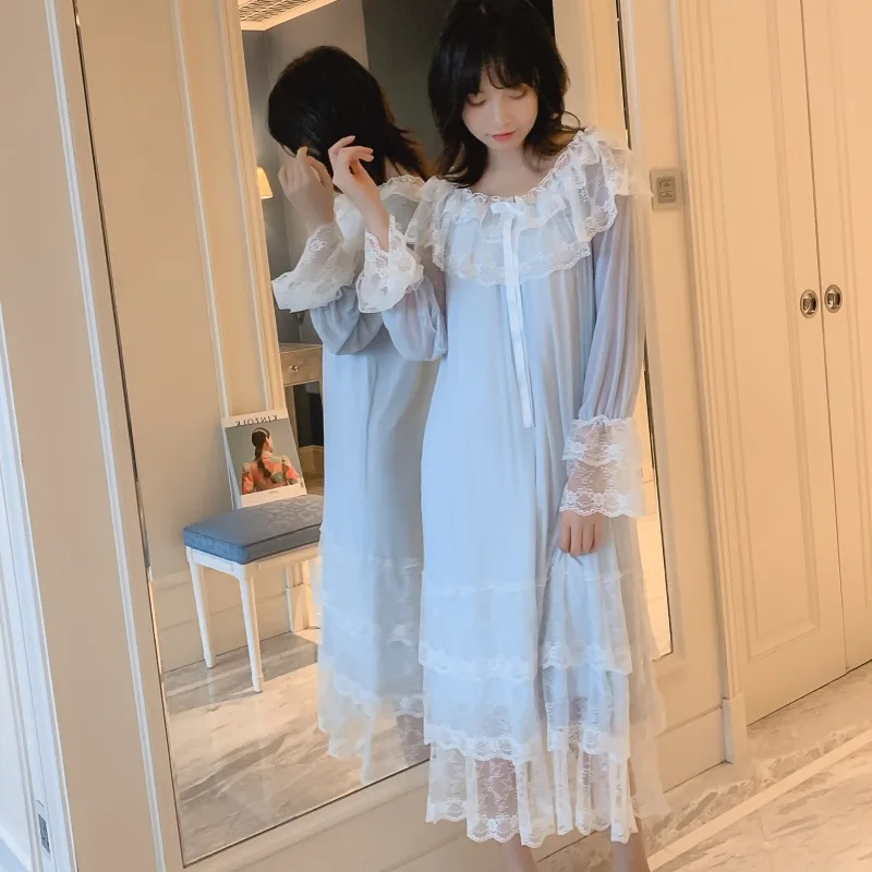 Sweet Nighty Spring Summer women Loose Lace Long Sleepshirt Palace Style Ladies princess Nightdress Casual Homewear pijama