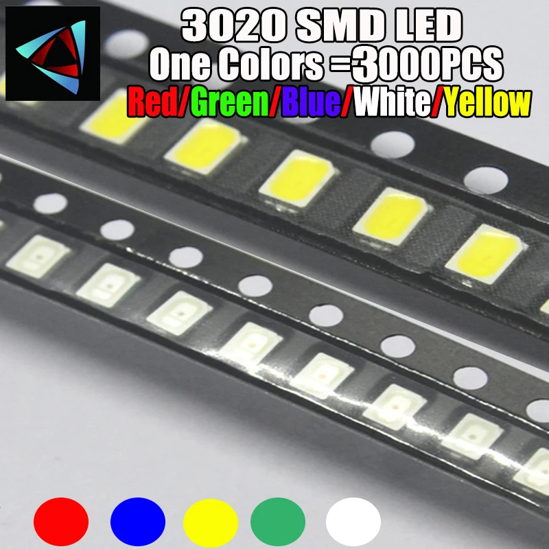 

3000PCS 3020 SMD LED Diode Light-Emitting Red Yellow Blue Green White Warm Pink ICE Purple Cold Orange Super Bright