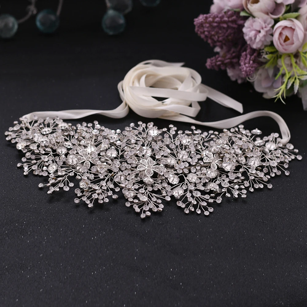 Luxe Bridal Bress Riemen Zilver Diamant Riem Bruid Strass Sjerpen Legering Bloem Riem Trouwjurk Accessoires