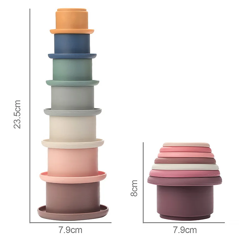 Baby Silikon Stapeln Tasse Bunte Intelligenz Geschenk Klapp Turm Spielzeug Montessori Pädagogisches Spielzeug Säuglingsbad Spielen Wasser Set – Detail 4