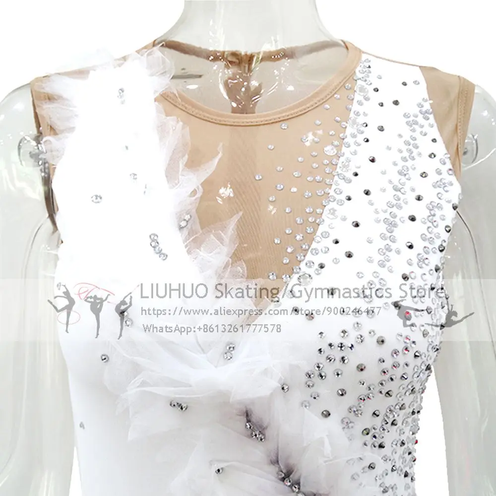 Ice Skating Dress Girls White Flower Spandex Elastane High Elasticity Competition Skating Wear Handmade Jeweled Rhin