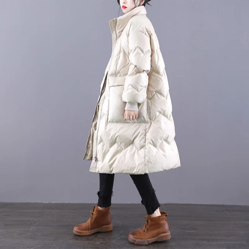 Doudoune longue en duvet de canard blanc pour femme, vêtement d'extérieur ample, épais et chaud, de couleur unie, nouvelle collection hiver 2021