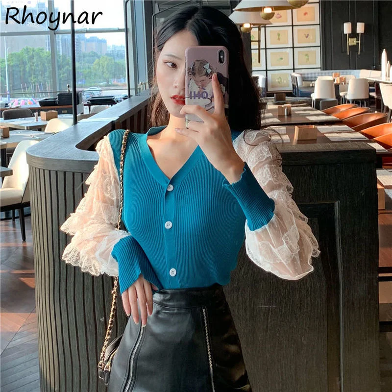 

Sweaters Women V-neck Tender Spliced Knitted Elegant Ladies Slim Simple Fashion Korean Style Long Sleeve Spring Fall Cardigans