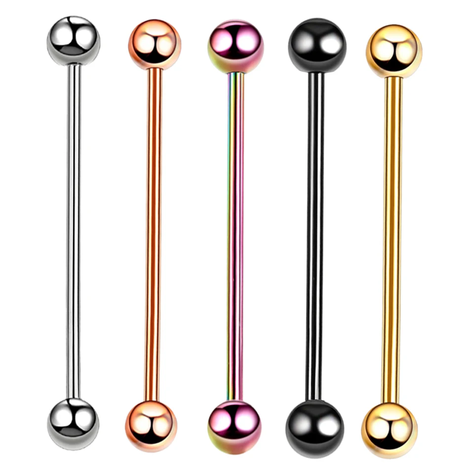 1Pc G23 Titanium Long Industrial Barbell Rings 14G Tongue Ear Nipple Straight Barbell Ring Cartilage Earring Helix Body Piercing