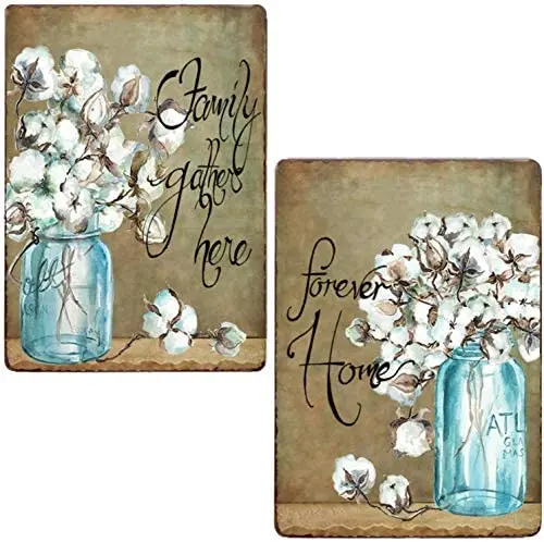 Rustic Cotton Blossoms in Mason Jar Vintage Metal Sign Farmhouse Bathroom Wall Art Country Home Decor 2pcs-8X12 Inch