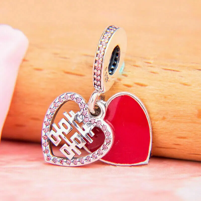 925 Sterling Silver Chinese Double Happiness Heart Dangle Charm Bead Fits All European Pandora Jewelry Bracelets Necklaces