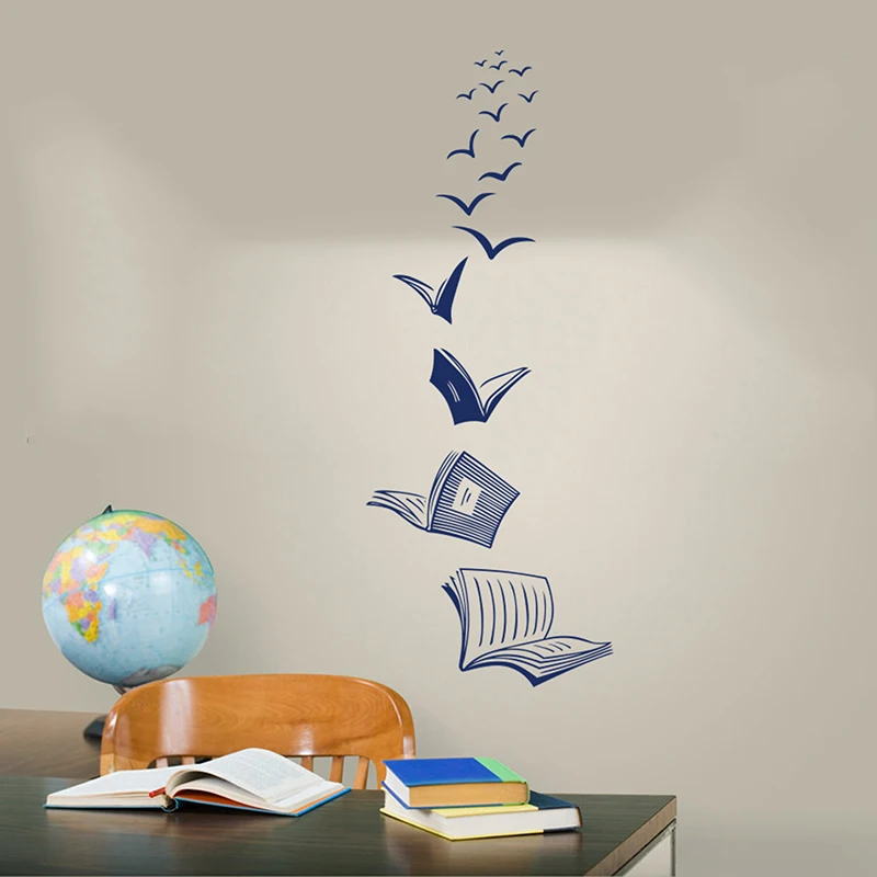 Open Book Fly Birds Wall Sticker Library Classroom Reading Book Study Animal Wall Decal School Bedroom Vinyl Home Decor