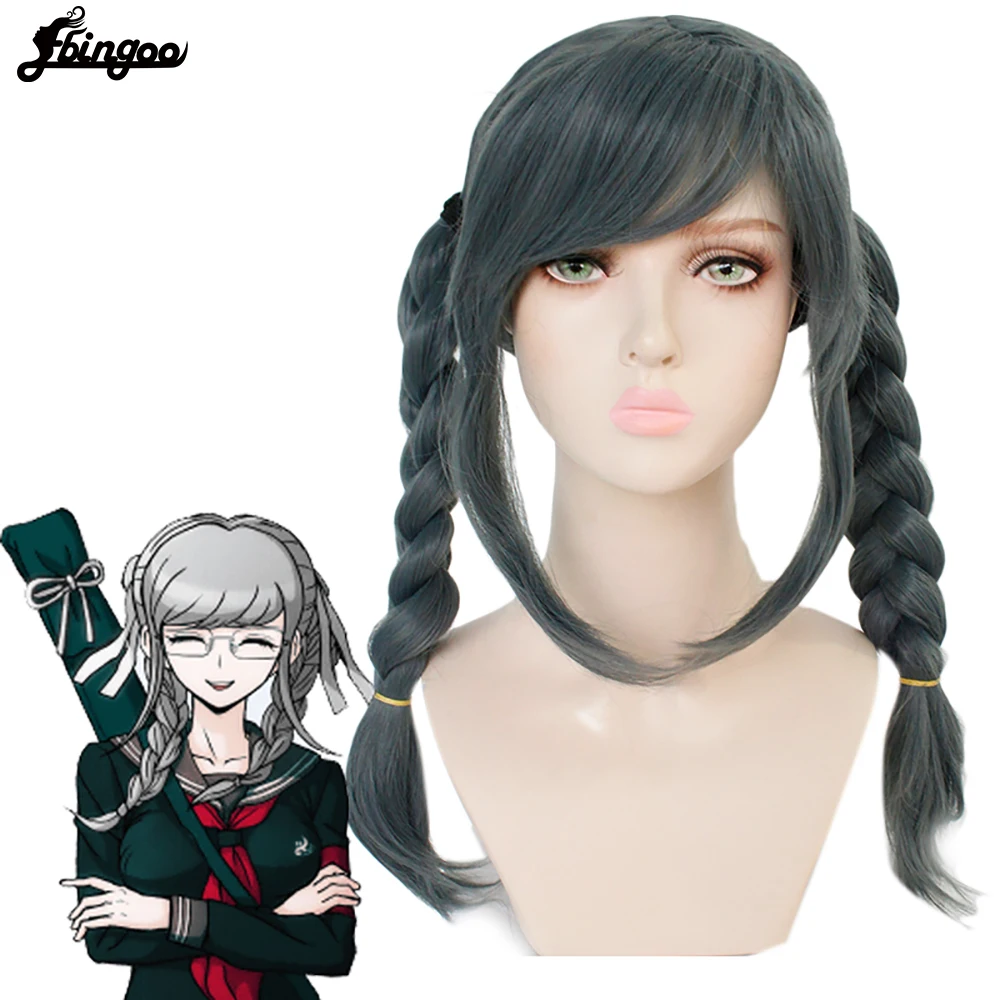 Ebingoo Danganronpa Dangan Ronpa Peko Pekoyama Cosplay Wig Double Braided Dark Green Synthetic Wigs for Halloween Costume Party