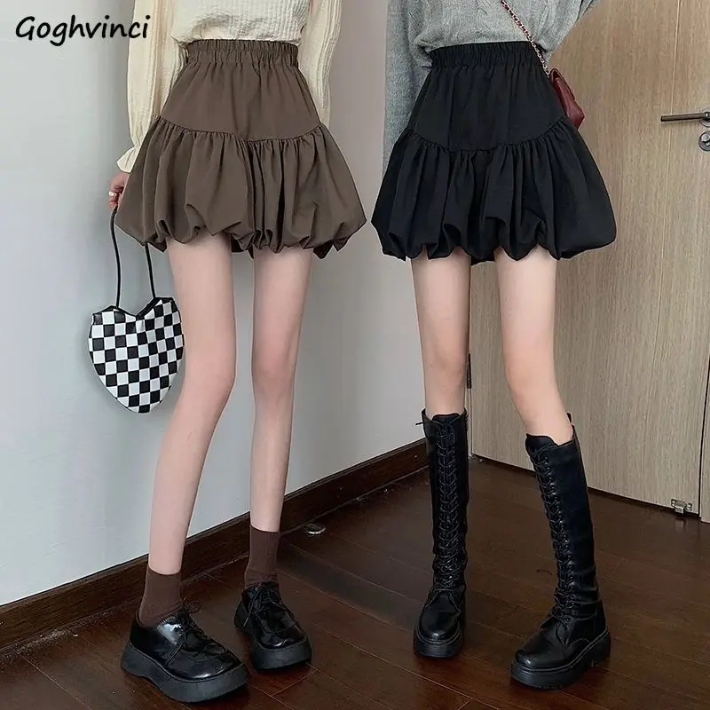 Mini Skirts Women Folds Design Ball Gown Sweet Autumn Clothes Harajuku BF Elastic Waist College Simple Fashion Casual Jupe Femme