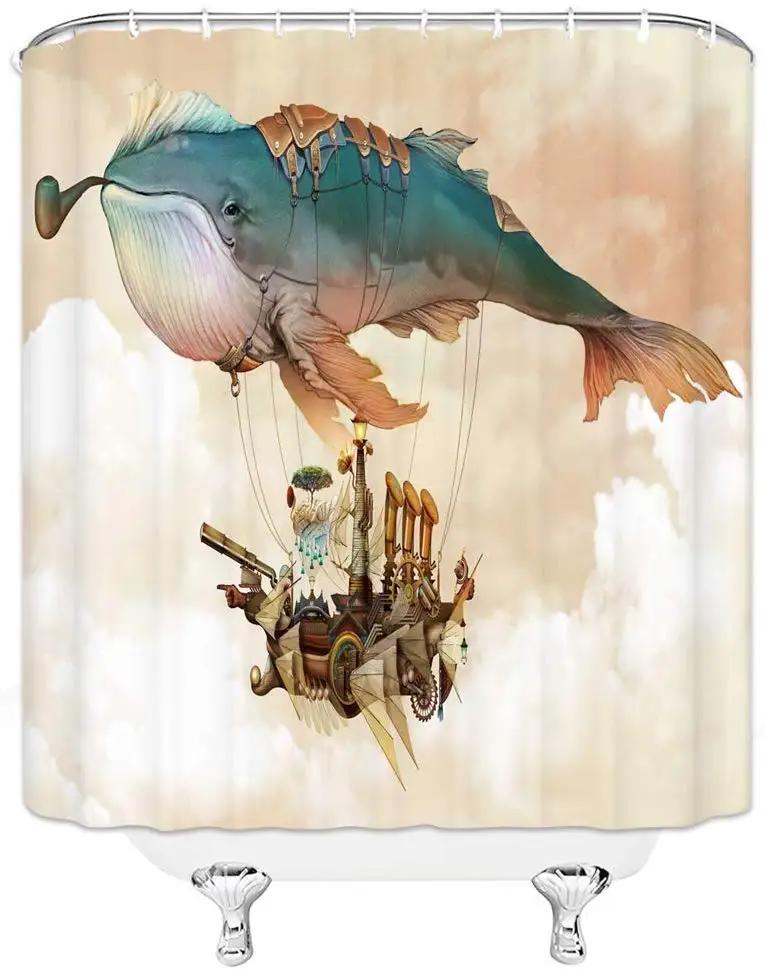 Smoking Whale Hot Air Balloon Dragon Boat Cannon Airship Bathroom Shower Curtain