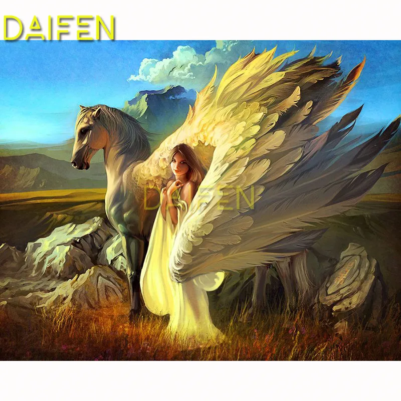 Full Round Diamond painting Cross stitch 5D DIY Diamond embroidery Full Square Diamond mosaic girl angle horse unicorn wing