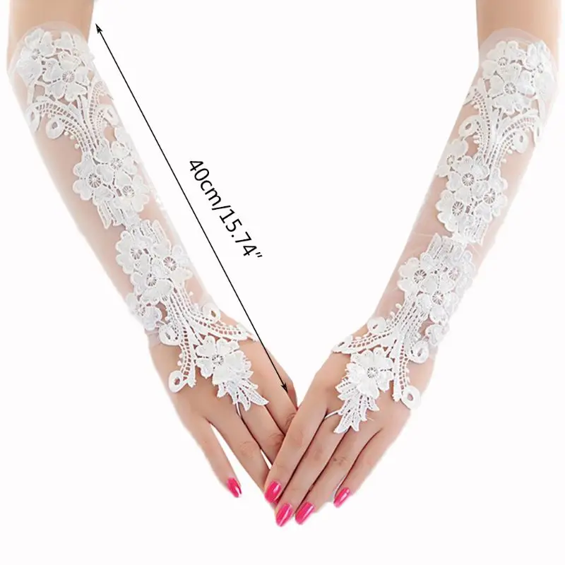 New Sweet Embroidery Floral Lace Long Gloves Sheer Mesh Wedding Bridal Prom Mittens 2022