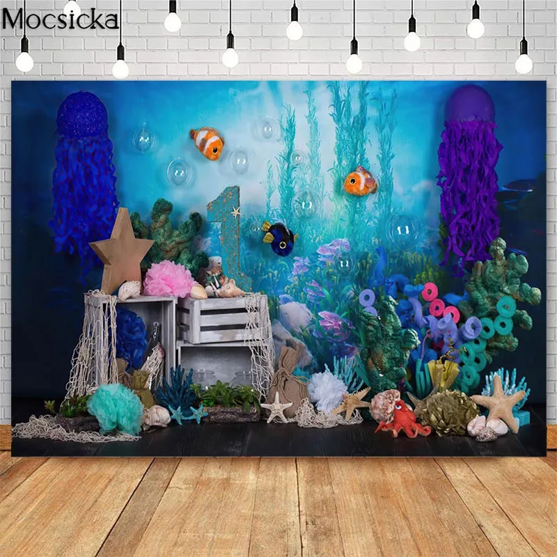 Baby Under The Sea Backdrop Children 1st Birthday Cake Smash Photo Prop Studio Booth Background Blue Ocean Seaweed Photoshoot