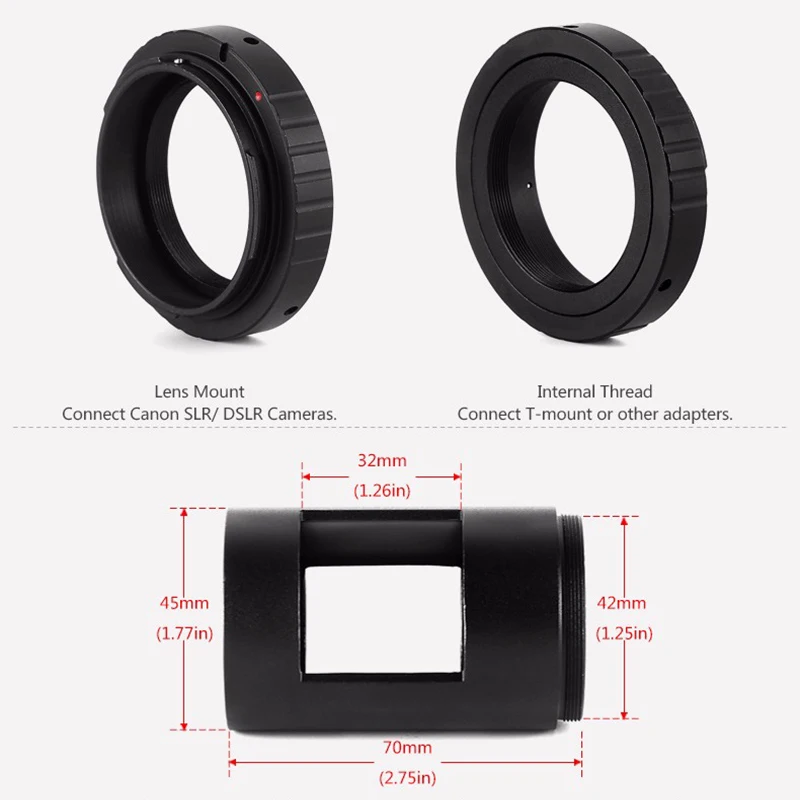 42mm T-mount Spotting Scope Camera Adapter Tube and T Ring for Nikon Canon Sony Pentax SLR/DSLR Camera & Astronomical Telescope