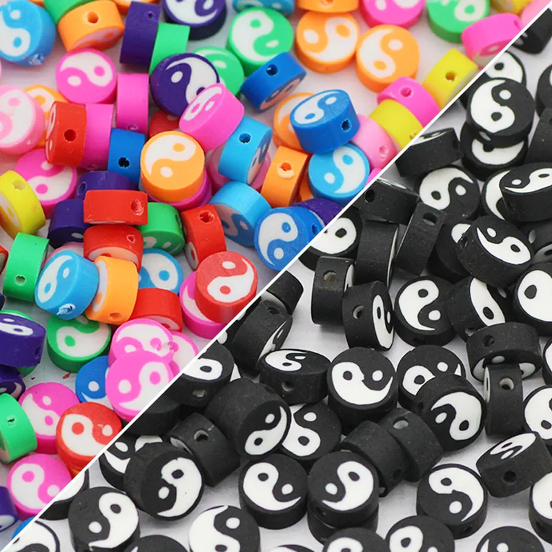 50pcs 10x4MM Mix Color Round Tai Chi Polymer Clay Spacer Charm Loose Beads For Jewelry Making DIY Bracelets Necklace Accessories