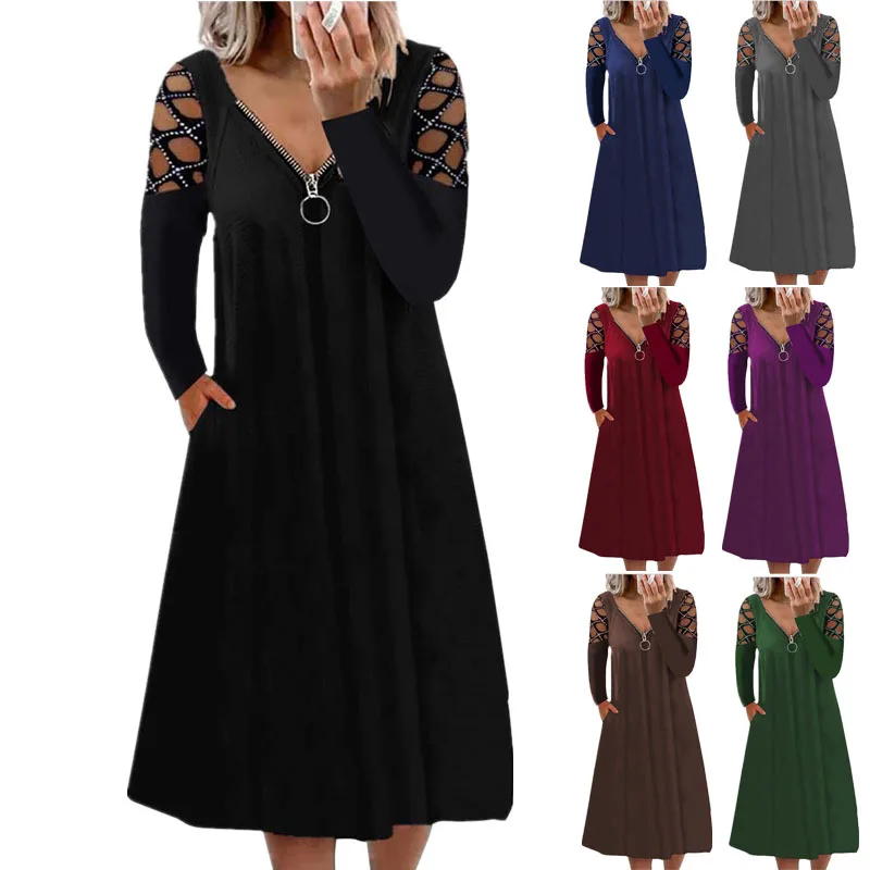 

SKMY 2024 Autumn Winter New Women Clothing Zipper V-Neck Solid Color Hollow Out Long Sleeve Diamonds Casual Midi Dresses