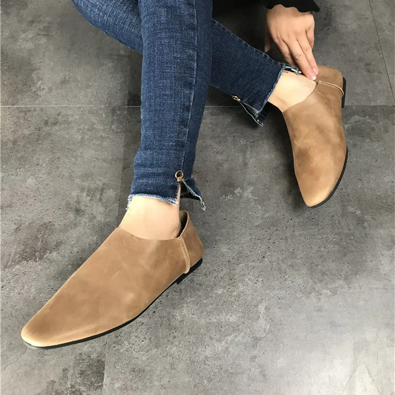 Genuine Leather Flats Casual Slip On Loafers Woman Shoes Comfortable Soft Leather Flat Shoes Square Toe Woman Footwear