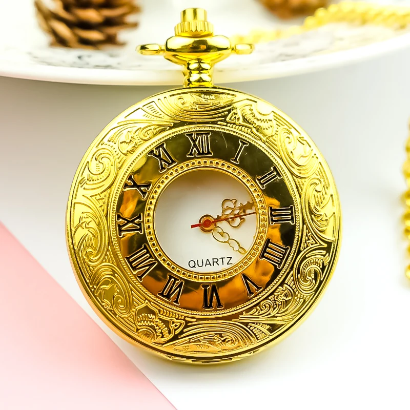 Vintage gold Steampunk Pocket Watch unisex roman number scale Quartz Necklace Pocket & Fob Watches Chain Men Women gift Clock