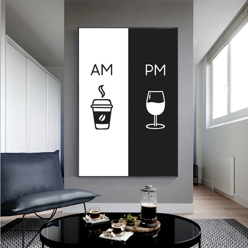 

Modern Wall Art Picture Am Coffee PM Wine Sign Posters and Prints Kitchen Restaurant Nordic Style Canvas Painting Cuadros Decor
