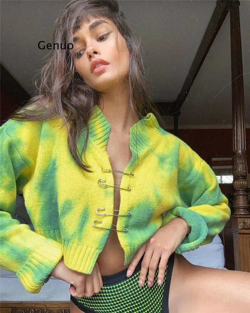 

Autumn New Women Tie Dye Sweaters Vintage Yellow Green Pullovers Jumper Fashion Sweatershirt Brooch Casual Cardigan Sweater