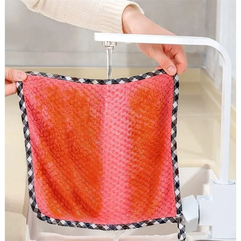 Non-greasy  Non-linting Hangable coral fleece double-sided rag, kitchen pineapple pattern absorbent hand towel, plain dish cloth