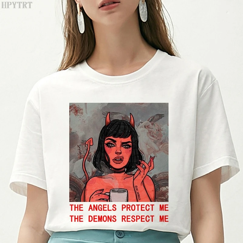 THE ANGELS PROTECT ME THE DEMONS RESPECT ME printed T-shirt Summer Harajuku vintage large size loose top women's fashion T shirt