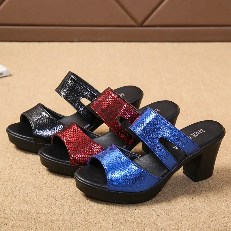 Fashion Women Summer Sandals Slippers Women Leather Sexy High Heel Black Open Toe Slip On Sandals Female Party Shoes