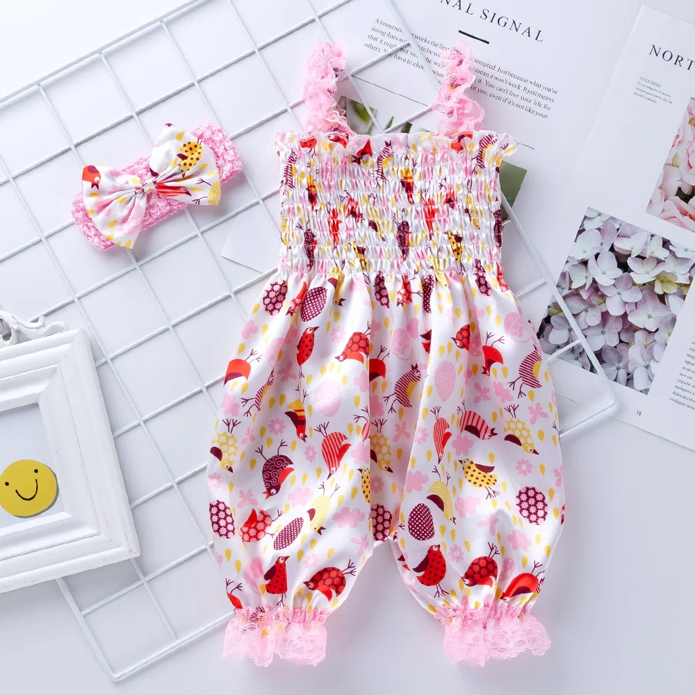 New Girls Summer Backless Romper Baby Lace-up Bloomer Jumpsuit Infant Easter Print Polyester Newborn Photography Costumes Props