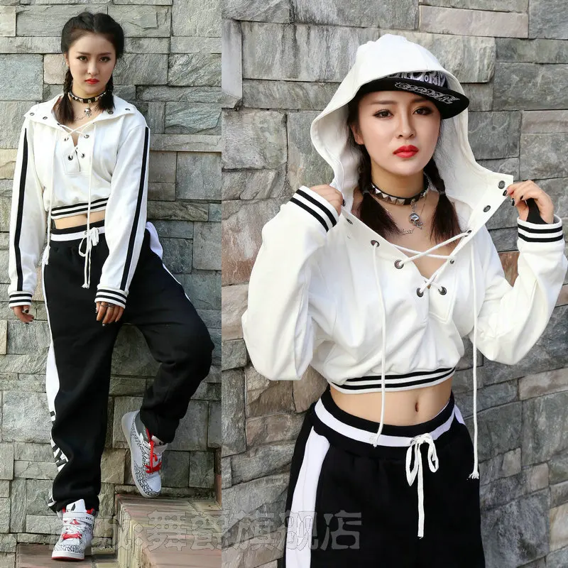 

Women Striped Hoodie Sweatshirt Jogger Pants Adults Black-And-White Letter Harem Pants Hiphop Jazz Dance Costumes Outfit XS2345