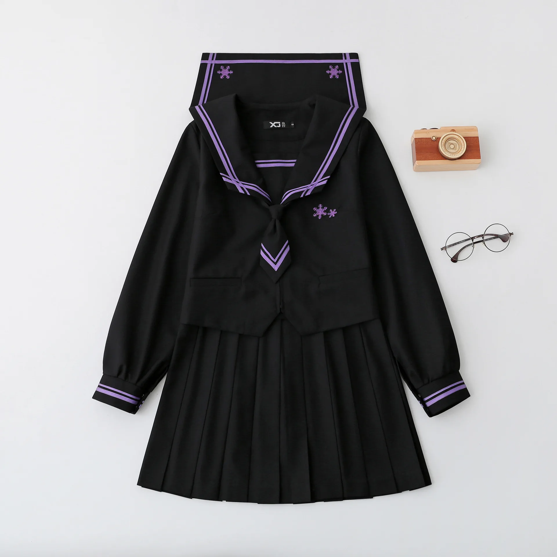 2021 Zwart Paars Jk Uniform Zomer Lange Mouw Japanse Schooluniformen Meisjes Sailor Sets Plooirok Jk Uniform Cos Kostuum