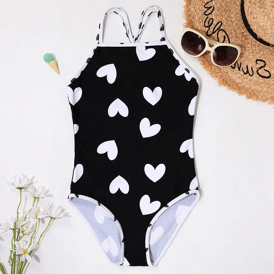 Heart Print Girls One Piece Swimsuit Kids 5-12 Years Girl Bathing Suit Swim Monokini Cross Back Children\'s Swimwear Beachwear