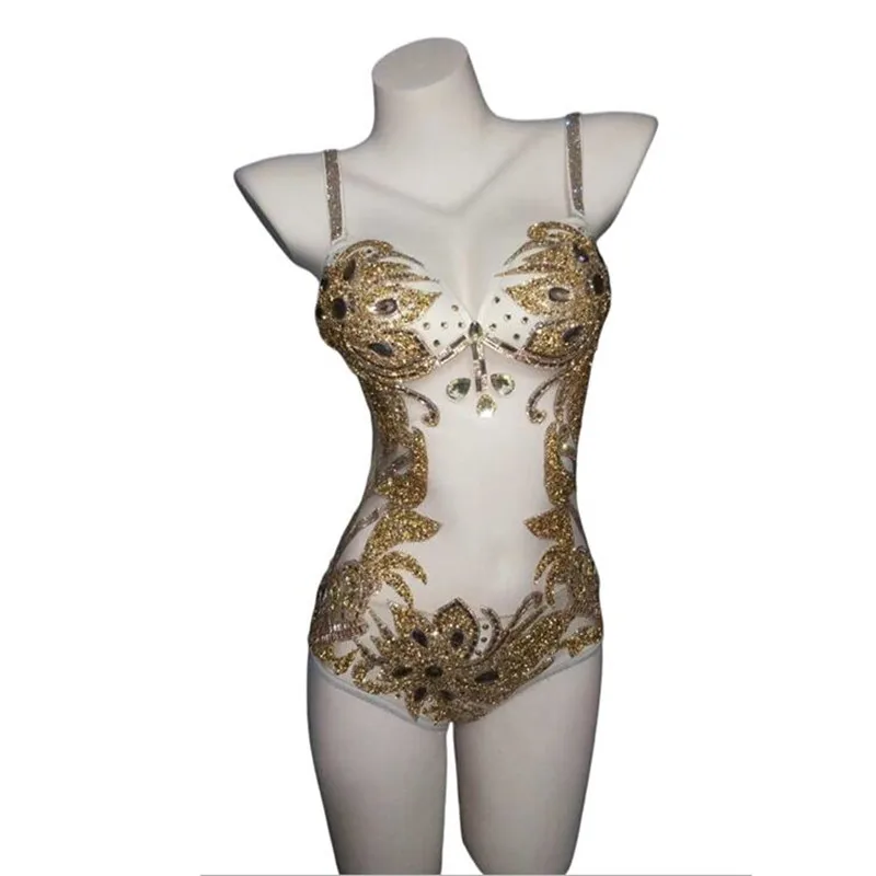 

New Sparkly Gold Crystals Mesh Bodysuit Women Leotard Outfit Female Bar Dance Stage Party Dance Costume Celebrate Dress Bodysuit