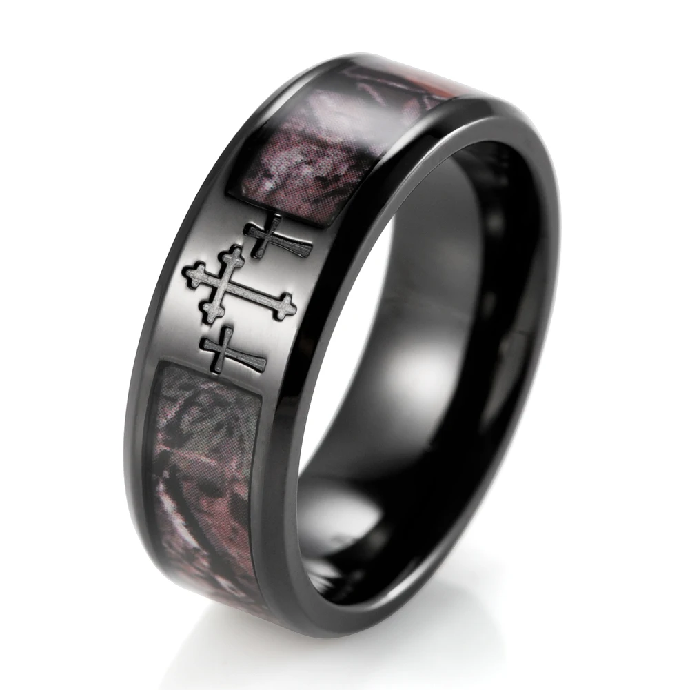 Men's Ring 8mm Black Pure Titanium Ring with Three Cross Camo Wedding Band For Men Anniversary Ring Mens Promise Engagement Ring