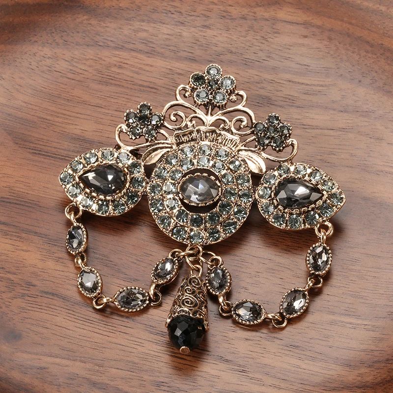 Kinel Fashion Boho Crown Brooch for Women Antique Gold Color Full Gray Crystal Moroccan Wedding Jewelry African Bridal Bijoux