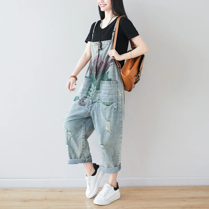 

Baggy Straps Jeans Women wide leg denim jumpsuit Print Overalls hole ripped Cowboy Rompers Big size Pockets Drop Crotch pants