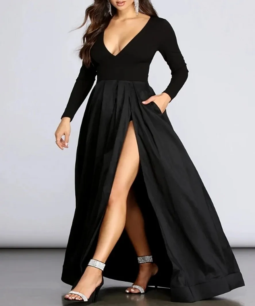 Black Top Velvet Long Evening Formal Dress 2021 V Neck Sleeves Split Prom Party Gown Plus Size Robe De Soiree Vestidos