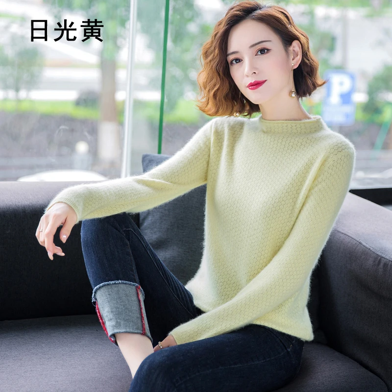 New Autumn Round Neck 100%Pure Mink Cashmere Sweater Women Short Loose Knit Base Shirt Long-Sleeve Hollow Blouse Warm Pullover