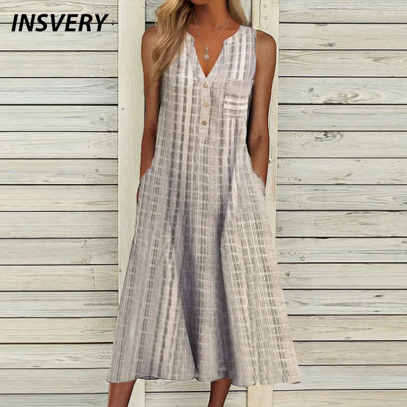 Summer Dress Women V Neck Sleeveless Pocket Button Loose Maxi Dresses Vintage Print Party Dress 2022 A-Line Beach Dress