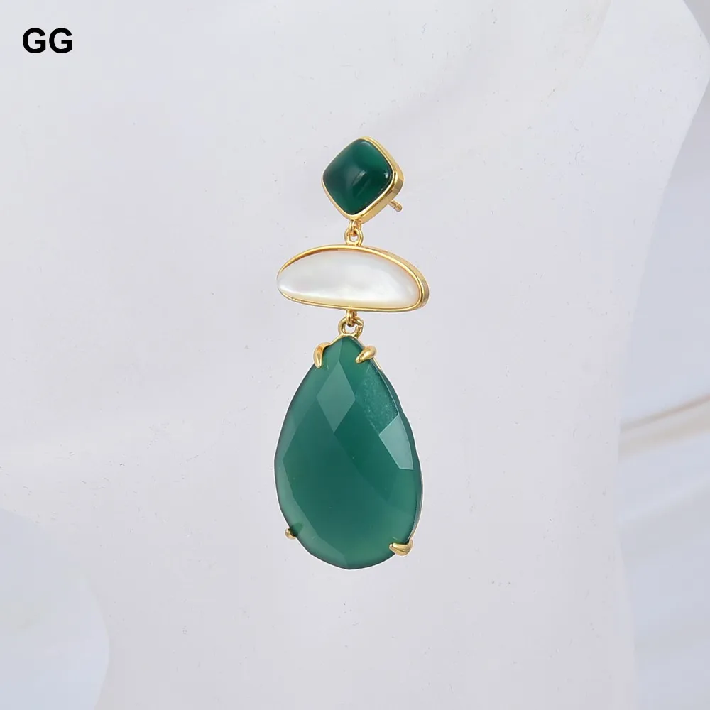 GG-pendientes geométricos de ágata verde Natural para mujer, aretes chapados en oro, Concha Blanca peruana, Estilo Vintage