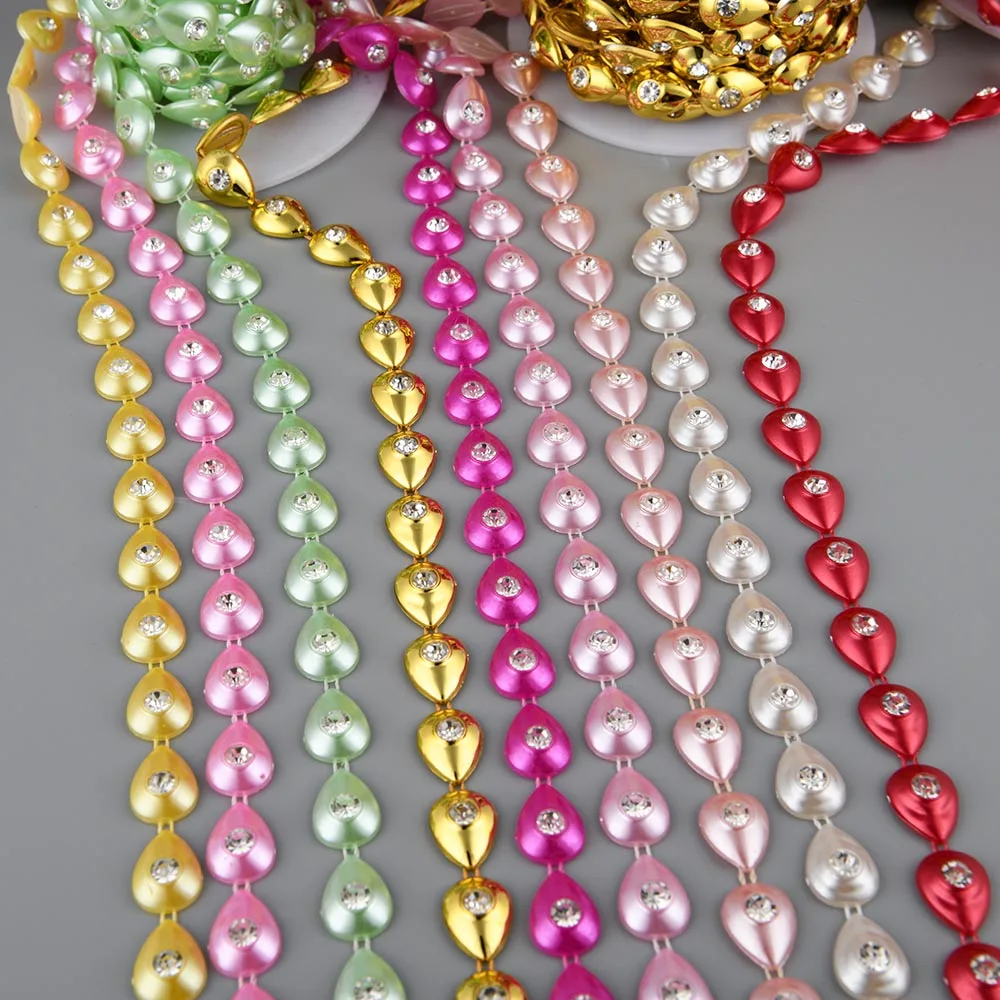 1Yards 12mm Width ABS Flatback Imitation Pearl Water Drop with 5mm Round Rhinestone Chain Sewing Trim Wedding Cake Decoration