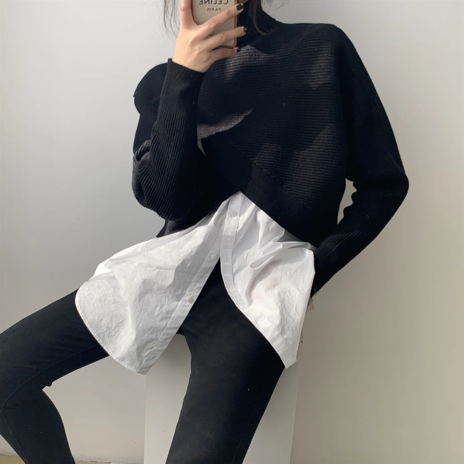 Women Korean Style Cross-front Turtleneck Sweater 2024 Spring Fall Streetwear Knitted Pullover Sweaters Long Sleeve Crop Top