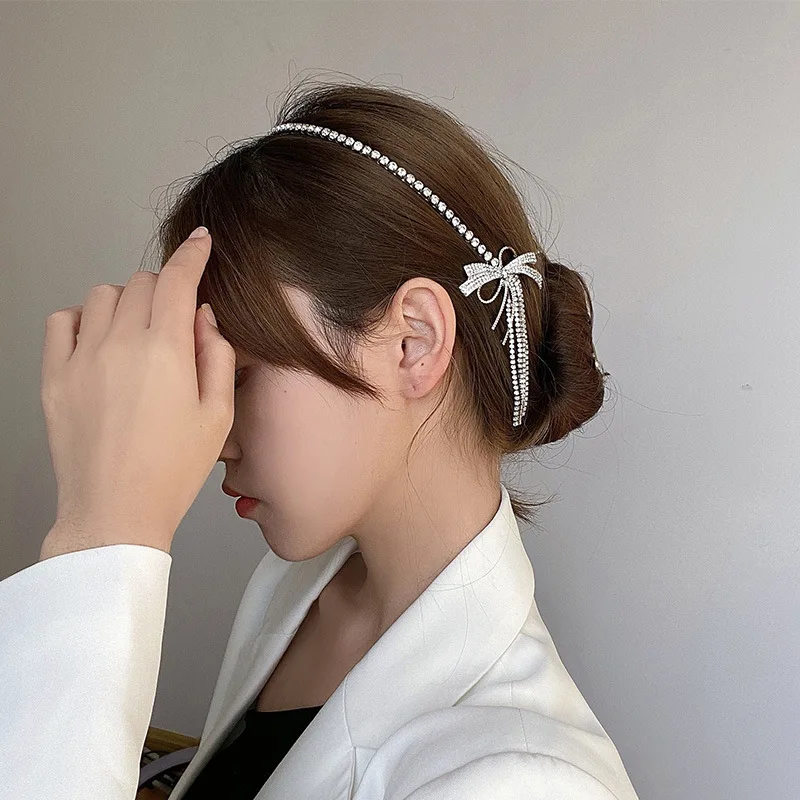 2022 New Shiny Rhinestone Hairband Headband Bowknot Chain Tassel Hanging Hair Bands Accessories for Women Wedding Jewelry