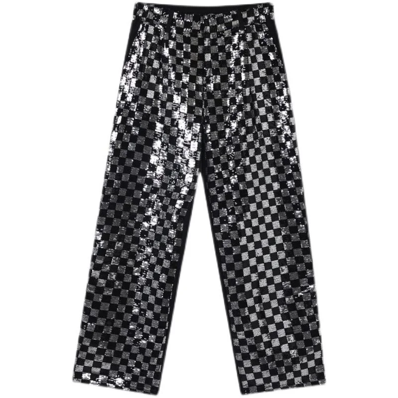 IEFB Men\'s Niche Black And White Checkered Sequin Patchwork Men\'s Long Pants Straight Wide Leg Design Chic Trousers Korean Y9982