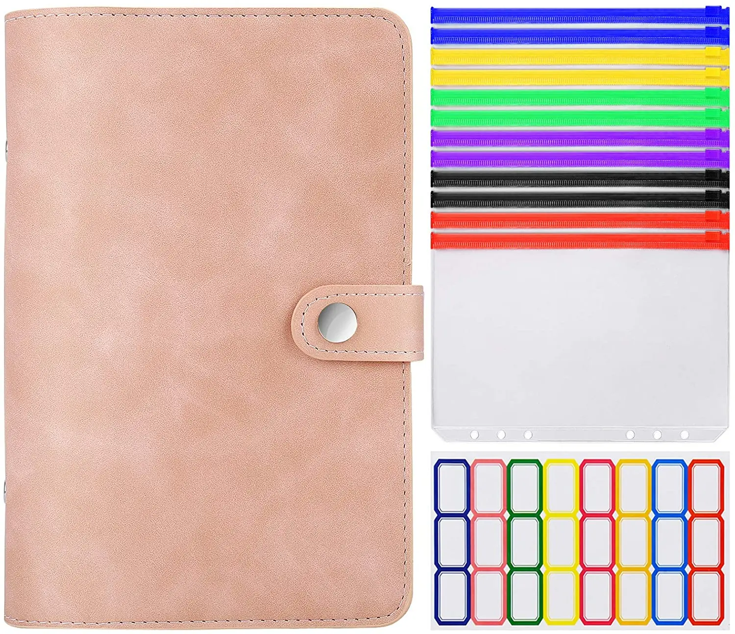 A6 Leather Binder Cover with Plastic Pockets 6 Ring Soft Refillable Notebook Binder 12 Colored Clear Zipper Envelope for Budget