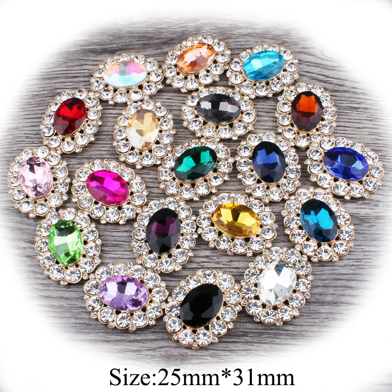 10Pcs/Lot 25mm*31mm New Diamond Golden Alloy Buttons Flatback Embellishments Acrylic Rhinestone Button DIY Weddings Accessories