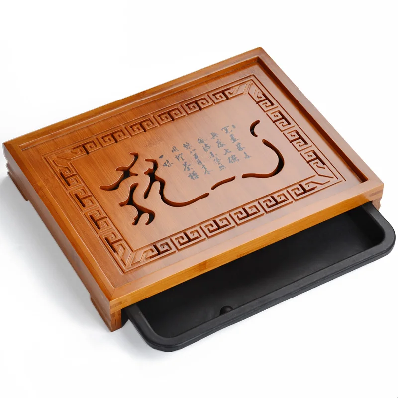 [GRANDNESS] Hot Sale Kung Fu Tea Set Natural Wood Bamboo Tea Tray Gongfu Tea Table Serving Tray 33*25.5*5cm