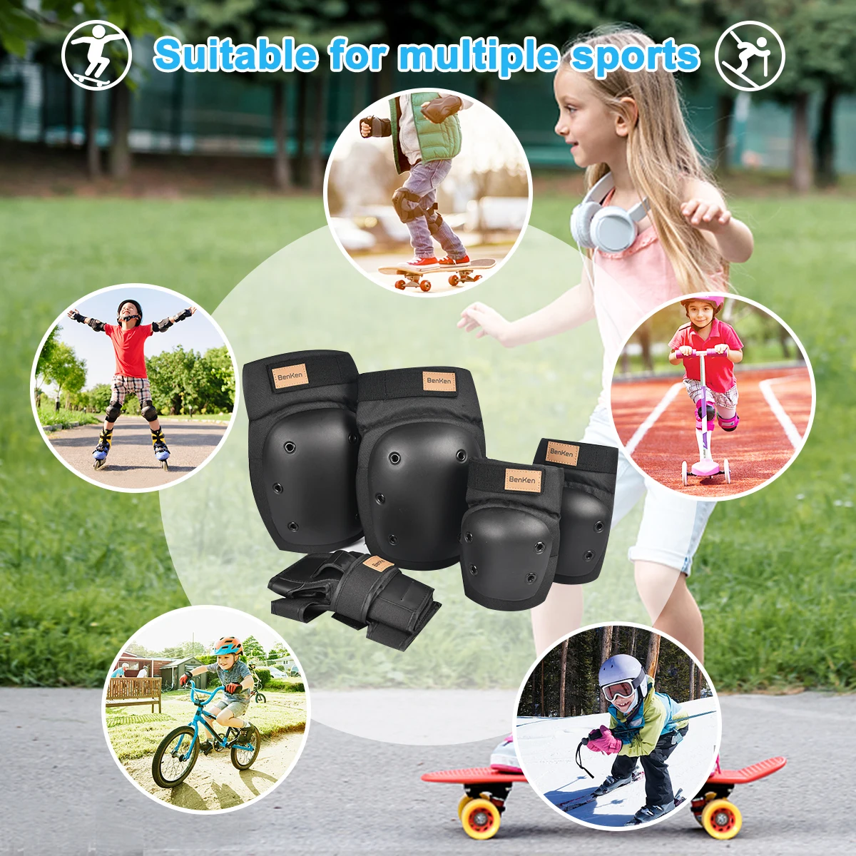 BenKen Kids Knee Pads Adjustable Cycling Protective Gear Drop Safety Elbow Pads Wrist Guard Child Roller Skating Protective Set